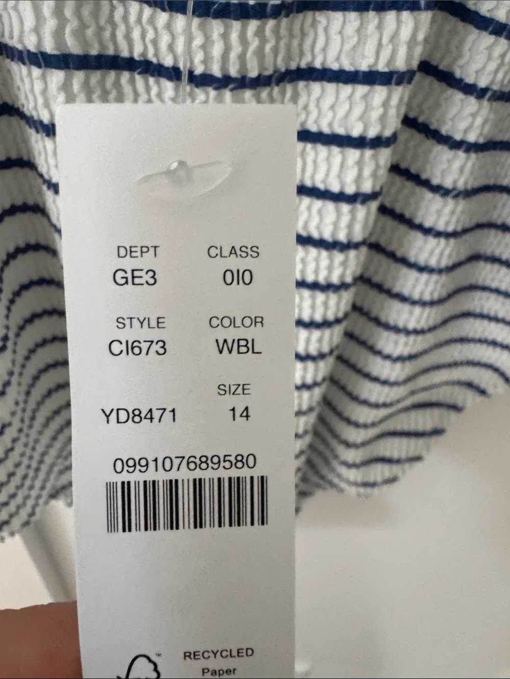NWT J Crew Claudia scrunchie one-piece Blue White Striped Swimsuit 14